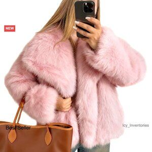 Faux Fur Coat Fluffy Shaggy Parka Elegant Winter Jacket Open Front Design